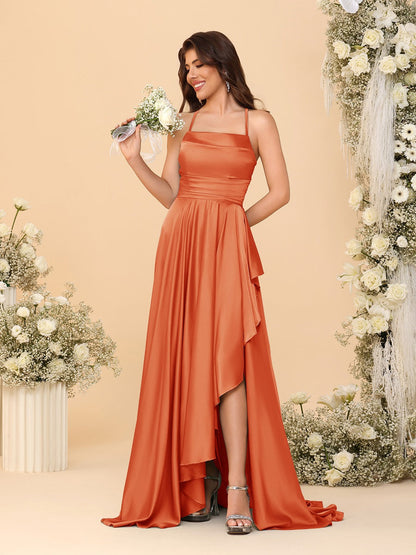 Robes de Demoiselle d'Honneur A-Ligne/Princesse Bretelles Spaghetti sans Manches Traîne Balayante avec Fente Latérale
