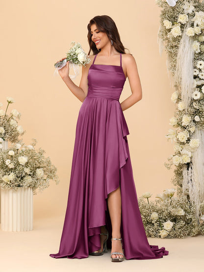 Robes de Demoiselle d'Honneur A-Ligne/Princesse Bretelles Spaghetti sans Manches Traîne Balayante avec Fente Latérale