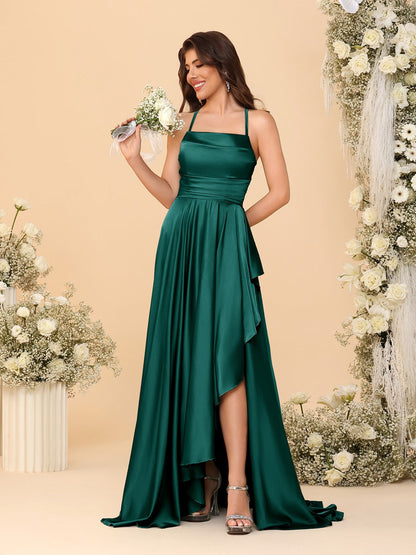 Robes de Demoiselle d'Honneur A-Ligne/Princesse Bretelles Spaghetti sans Manches Traîne Balayante avec Fente Latérale