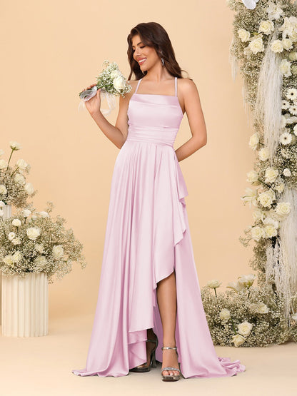 Robes de Demoiselle d'Honneur A-Ligne/Princesse Bretelles Spaghetti sans Manches Traîne Balayante avec Fente Latérale