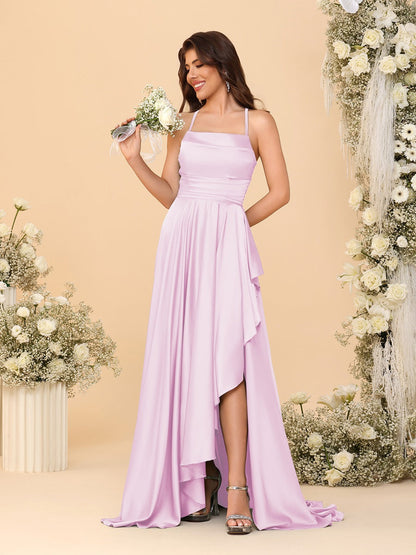 Robes de Demoiselle d'Honneur A-Ligne/Princesse Bretelles Spaghetti sans Manches Traîne Balayante avec Fente Latérale