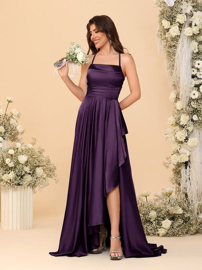 Robes de Demoiselle d'Honneur A-Ligne/Princesse Bretelles Spaghetti sans Manches Traîne Balayante avec Fente Latérale