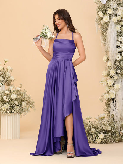 Robes de Demoiselle d'Honneur A-Ligne/Princesse Bretelles Spaghetti sans Manches Traîne Balayante avec Fente Latérale