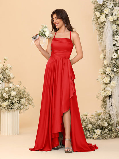 Robes de Demoiselle d'Honneur A-Ligne/Princesse Bretelles Spaghetti sans Manches Traîne Balayante avec Fente Latérale