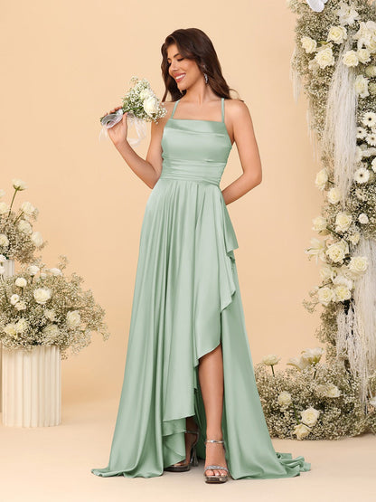 Robes de Demoiselle d'Honneur A-Ligne/Princesse Bretelles Spaghetti sans Manches Traîne Balayante avec Fente Latérale