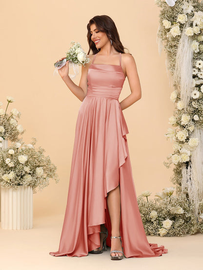 Robes de Demoiselle d'Honneur A-Ligne/Princesse Bretelles Spaghetti sans Manches Traîne Balayante avec Fente Latérale