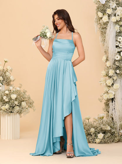 Robes de Demoiselle d'Honneur A-Ligne/Princesse Bretelles Spaghetti sans Manches Traîne Balayante avec Fente Latérale