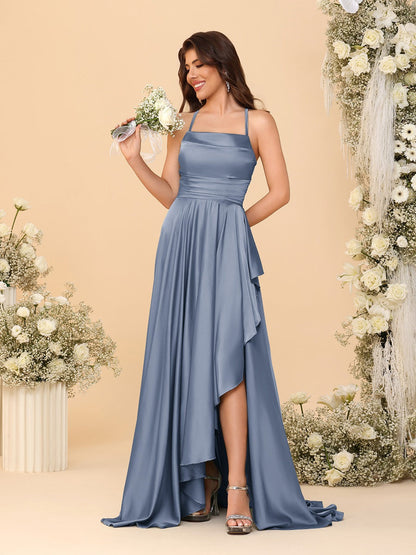 Robes de Demoiselle d'Honneur A-Ligne/Princesse Bretelles Spaghetti sans Manches Traîne Balayante avec Fente Latérale