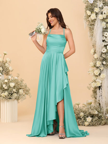 Robes de Demoiselle d'Honneur A-Ligne/Princesse Bretelles Spaghetti sans Manches Traîne Balayante avec Fente Latérale