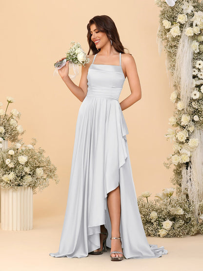 Robes de Demoiselle d'Honneur A-Ligne/Princesse Bretelles Spaghetti sans Manches Traîne Balayante avec Fente Latérale