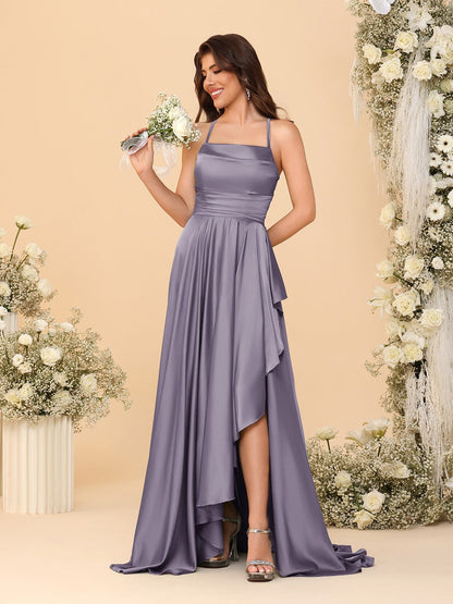Robes de Demoiselle d'Honneur A-Ligne/Princesse Bretelles Spaghetti sans Manches Traîne Balayante avec Fente Latérale