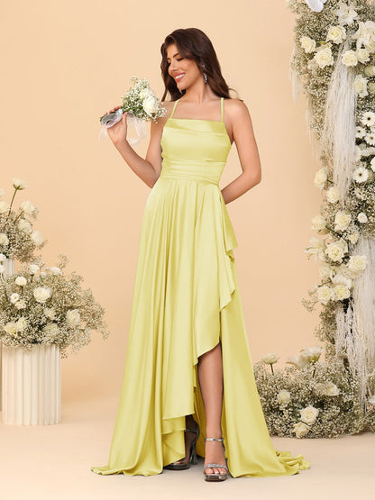 Robes de Demoiselle d'Honneur A-Ligne/Princesse Bretelles Spaghetti sans Manches Traîne Balayante avec Fente Latérale