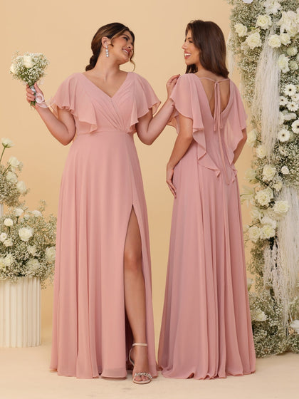 Robes de Demoiselle d'Honneur Ligne A/Princesse Col en V Manches Courtes Longueur Au Sol Plissées avec Fente Latérale