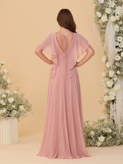 Robes de Demoiselle d'Honneur Ligne A/Princesse Col en V Manches Courtes Longueur Au Sol Plissées avec Fente Latérale