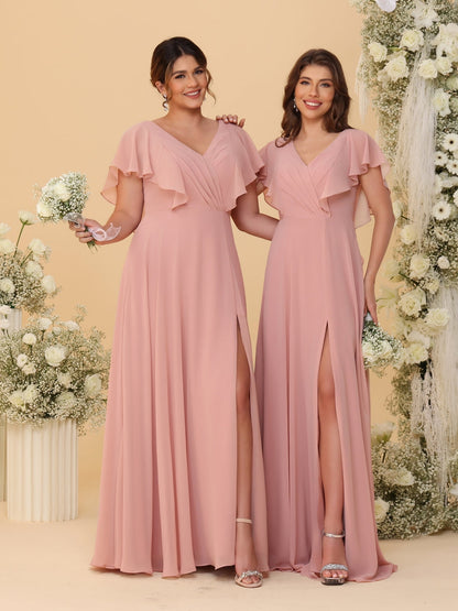 Robes de Demoiselle d'Honneur Ligne A/Princesse Col en V Manches Courtes Longueur Au Sol Plissées avec Fente Latérale