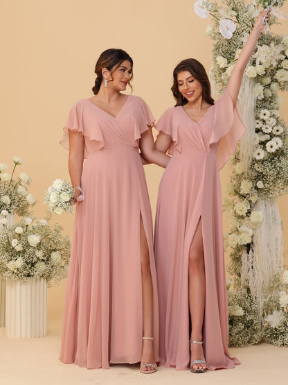 Robes de Demoiselle d'Honneur Ligne A/Princesse Col en V Manches Courtes Longueur Au Sol Plissées avec Fente Latérale