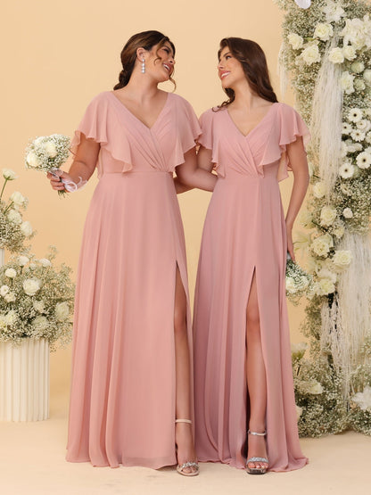 Robes de Demoiselle d'Honneur Ligne A/Princesse Col en V Manches Courtes Longueur Au Sol Plissées avec Fente Latérale