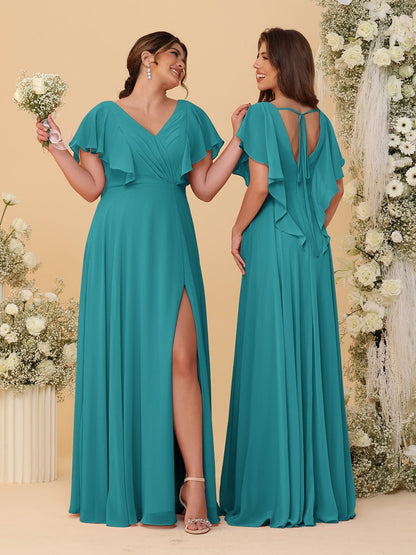 Robes de Demoiselle d'Honneur Ligne A/Princesse Col en V Manches Courtes Longueur Au Sol Plissées avec Fente Latérale