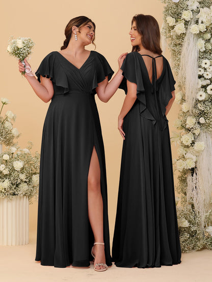 Robes de Demoiselle d'Honneur Ligne A/Princesse Col en V Manches Courtes Longueur Au Sol Plissées avec Fente Latérale