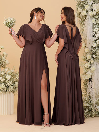 Robes de Demoiselle d'Honneur Ligne A/Princesse Col en V Manches Courtes Longueur Au Sol Plissées avec Fente Latérale