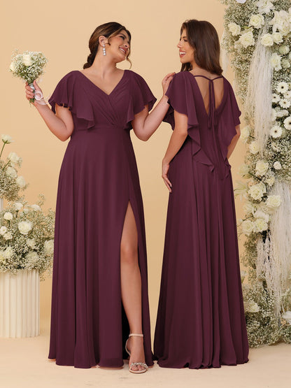 Robes de Demoiselle d'Honneur Ligne A/Princesse Col en V Manches Courtes Longueur Au Sol Plissées avec Fente Latérale