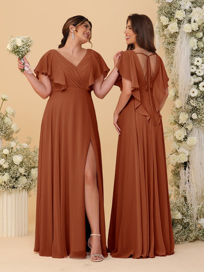 Robes de Demoiselle d'Honneur Ligne A/Princesse Col en V Manches Courtes Longueur Au Sol Plissées avec Fente Latérale