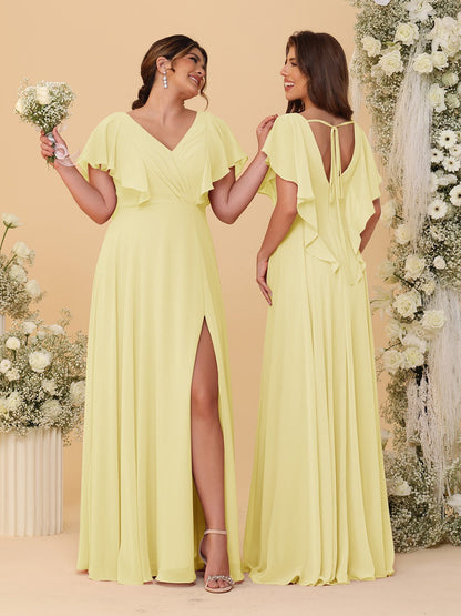 Robes de Demoiselle d'Honneur Ligne A/Princesse Col en V Manches Courtes Longueur Au Sol Plissées avec Fente Latérale