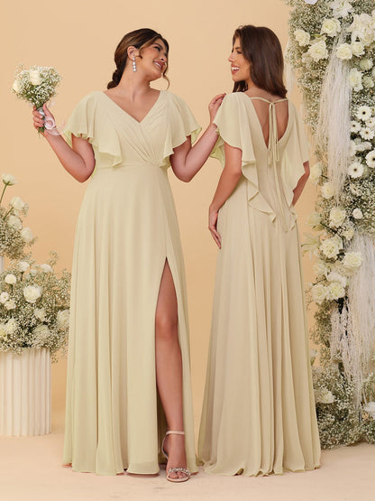 Robes de Demoiselle d'Honneur Ligne A/Princesse Col en V Manches Courtes Longueur Au Sol Plissées avec Fente Latérale