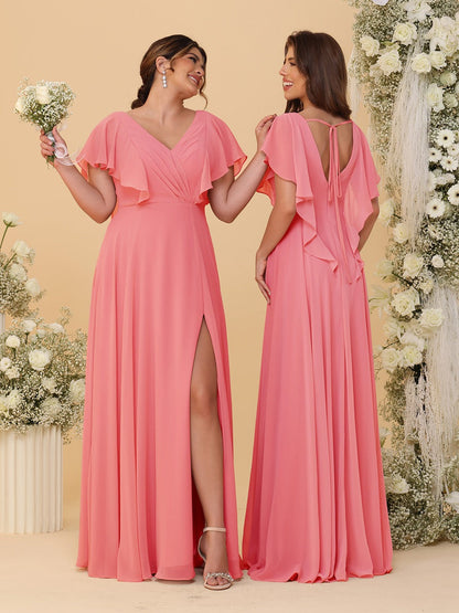 Robes de Demoiselle d'Honneur Ligne A/Princesse Col en V Manches Courtes Longueur Au Sol Plissées avec Fente Latérale