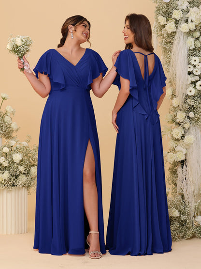 Robes de Demoiselle d'Honneur Ligne A/Princesse Col en V Manches Courtes Longueur Au Sol Plissées avec Fente Latérale