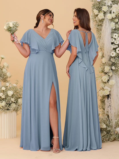 Robes de Demoiselle d'Honneur Ligne A/Princesse Col en V Manches Courtes Longueur Au Sol Plissées avec Fente Latérale