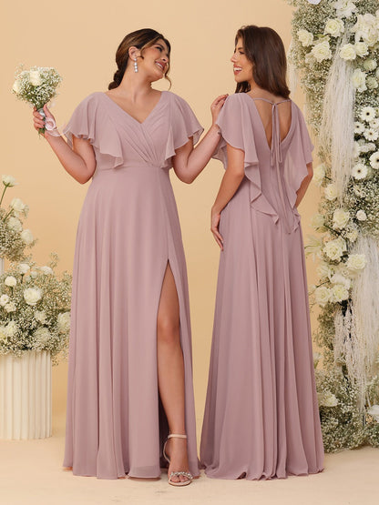 Robes de Demoiselle d'Honneur Ligne A/Princesse Col en V Manches Courtes Longueur Au Sol Plissées avec Fente Latérale