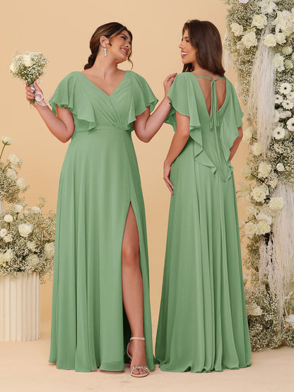 Robes de Demoiselle d'Honneur Ligne A/Princesse Col en V Manches Courtes Longueur Au Sol Plissées avec Fente Latérale
