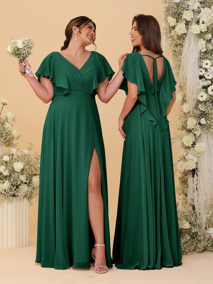 Robes de Demoiselle d'Honneur Ligne A/Princesse Col en V Manches Courtes Longueur Au Sol Plissées avec Fente Latérale