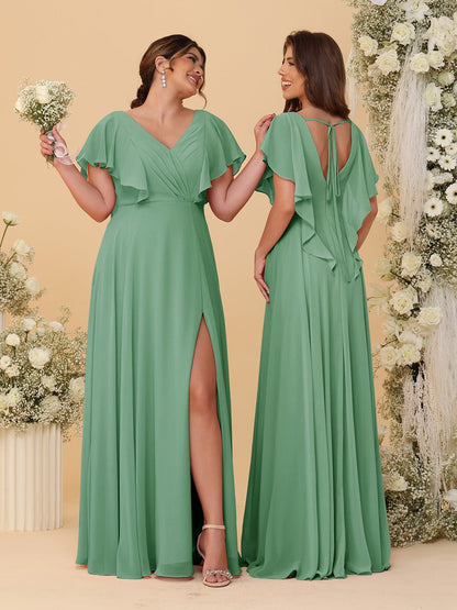 Robes de Demoiselle d'Honneur Ligne A/Princesse Col en V Manches Courtes Longueur Au Sol Plissées avec Fente Latérale