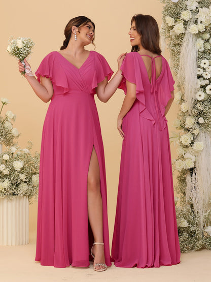 Robes de Demoiselle d'Honneur Ligne A/Princesse Col en V Manches Courtes Longueur Au Sol Plissées avec Fente Latérale