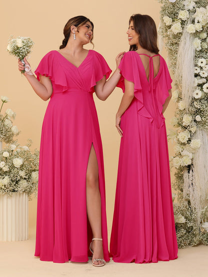 Robes de Demoiselle d'Honneur Ligne A/Princesse Col en V Manches Courtes Longueur Au Sol Plissées avec Fente Latérale