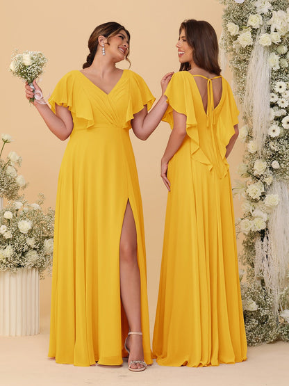 Robes de Demoiselle d'Honneur Ligne A/Princesse Col en V Manches Courtes Longueur Au Sol Plissées avec Fente Latérale