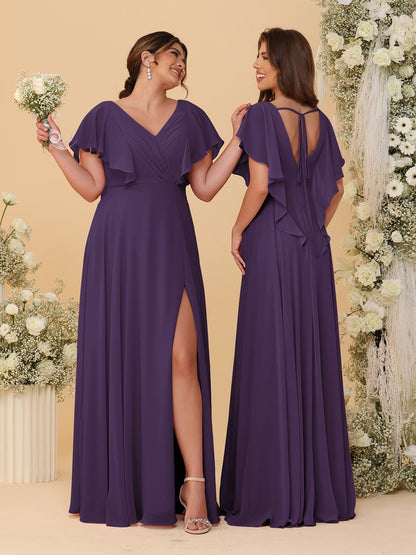 Robes de Demoiselle d'Honneur Ligne A/Princesse Col en V Manches Courtes Longueur Au Sol Plissées avec Fente Latérale