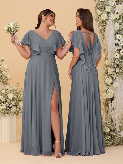 Robes de Demoiselle d'Honneur Ligne A/Princesse Col en V Manches Courtes Longueur Au Sol Plissées avec Fente Latérale