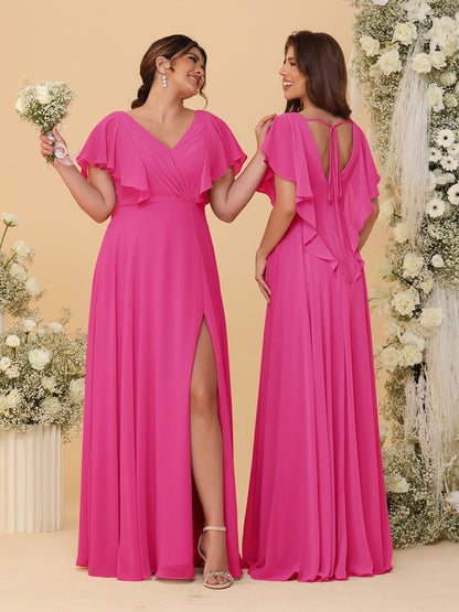 Robes de Demoiselle d'Honneur Ligne A/Princesse Col en V Manches Courtes Longueur Au Sol Plissées avec Fente Latérale