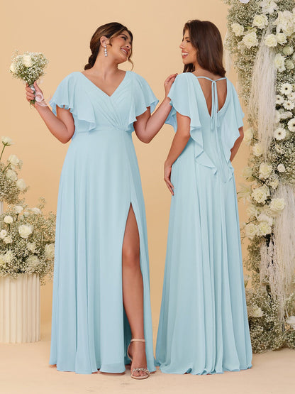 Robes de Demoiselle d'Honneur Ligne A/Princesse Col en V Manches Courtes Longueur Au Sol Plissées avec Fente Latérale