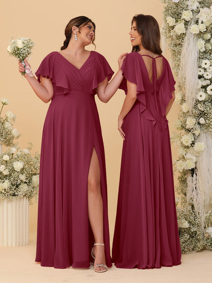 Robes de Demoiselle d'Honneur Ligne A/Princesse Col en V Manches Courtes Longueur Au Sol Plissées avec Fente Latérale