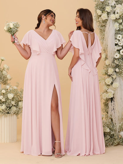 Robes de Demoiselle d'Honneur Ligne A/Princesse Col en V Manches Courtes Longueur Au Sol Plissées avec Fente Latérale