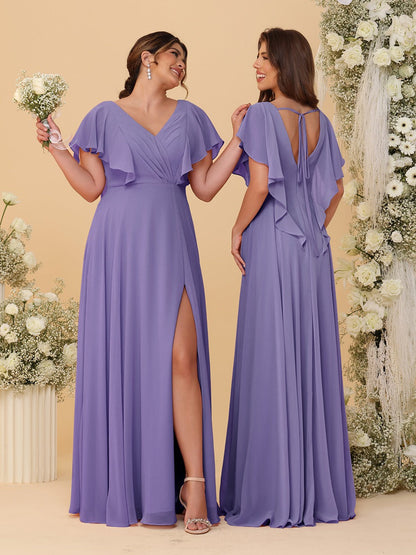 Robes de Demoiselle d'Honneur Ligne A/Princesse Col en V Manches Courtes Longueur Au Sol Plissées avec Fente Latérale