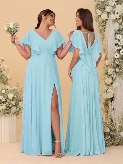 Robes de Demoiselle d'Honneur Ligne A/Princesse Col en V Manches Courtes Longueur Au Sol Plissées avec Fente Latérale