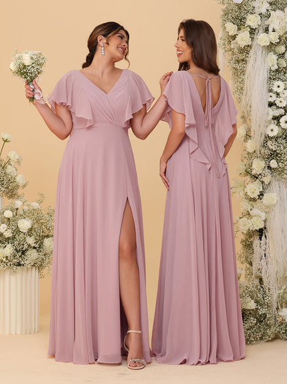 Robes de Demoiselle d'Honneur Ligne A/Princesse Col en V Manches Courtes Longueur Au Sol Plissées avec Fente Latérale