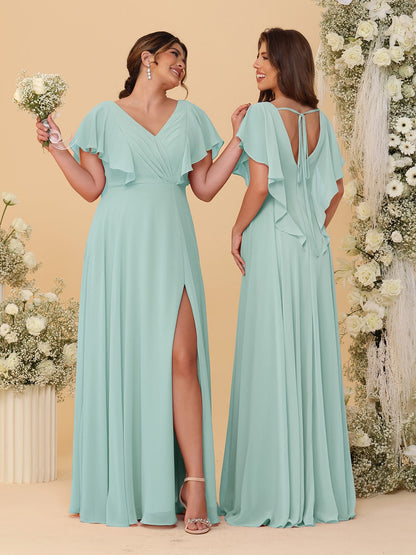 Robes de Demoiselle d'Honneur Ligne A/Princesse Col en V Manches Courtes Longueur Au Sol Plissées avec Fente Latérale