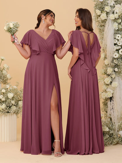 Robes de Demoiselle d'Honneur Ligne A/Princesse Col en V Manches Courtes Longueur Au Sol Plissées avec Fente Latérale