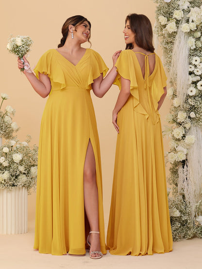 Robes de Demoiselle d'Honneur Ligne A/Princesse Col en V Manches Courtes Longueur Au Sol Plissées avec Fente Latérale